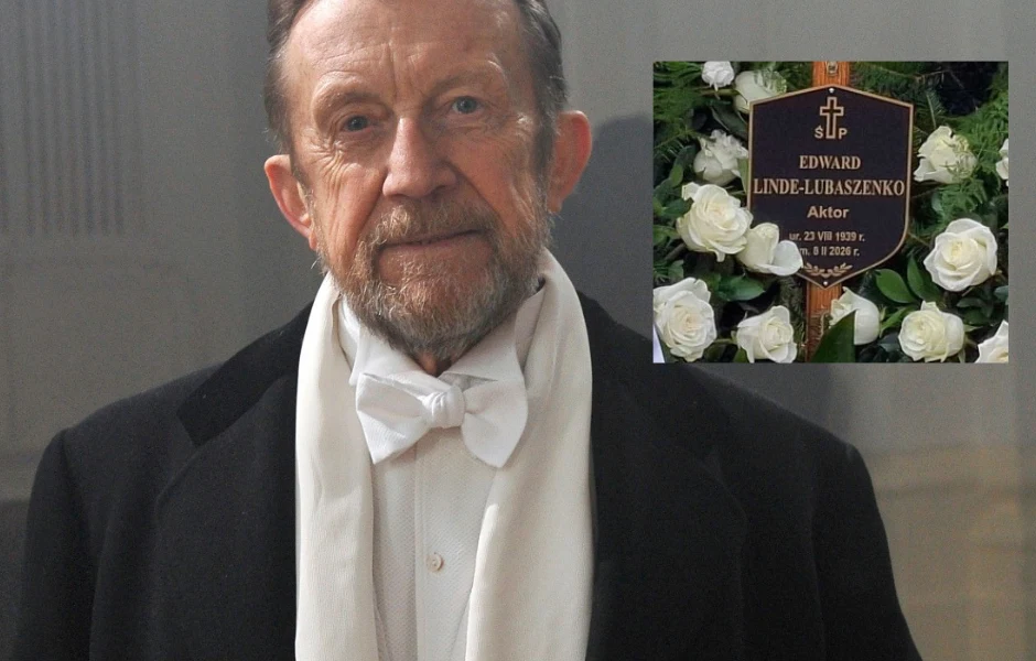 Edward Linde-Lubaszenko w końcu doczekał się nowego grobu Mężczyzna w eleganckim, czarnym płaszczu i muszce, obok fotografia tabliczki nagrobnej z imieniem i nazwiskiem Edwarda Linde-Lubaszenki, otoczonej białymi różami.