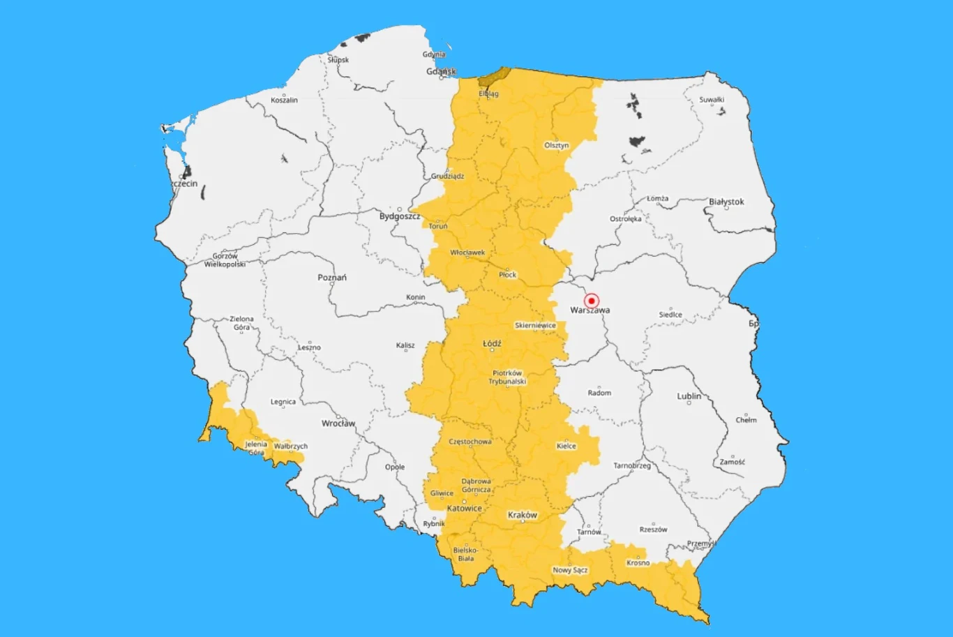 Mapa Polski z centralną częścią kraju zaznaczoną na żółto, podczas gdy pozostałe regiony są białe, z wyraźnym zaznaczeniem punktu Warszawa.