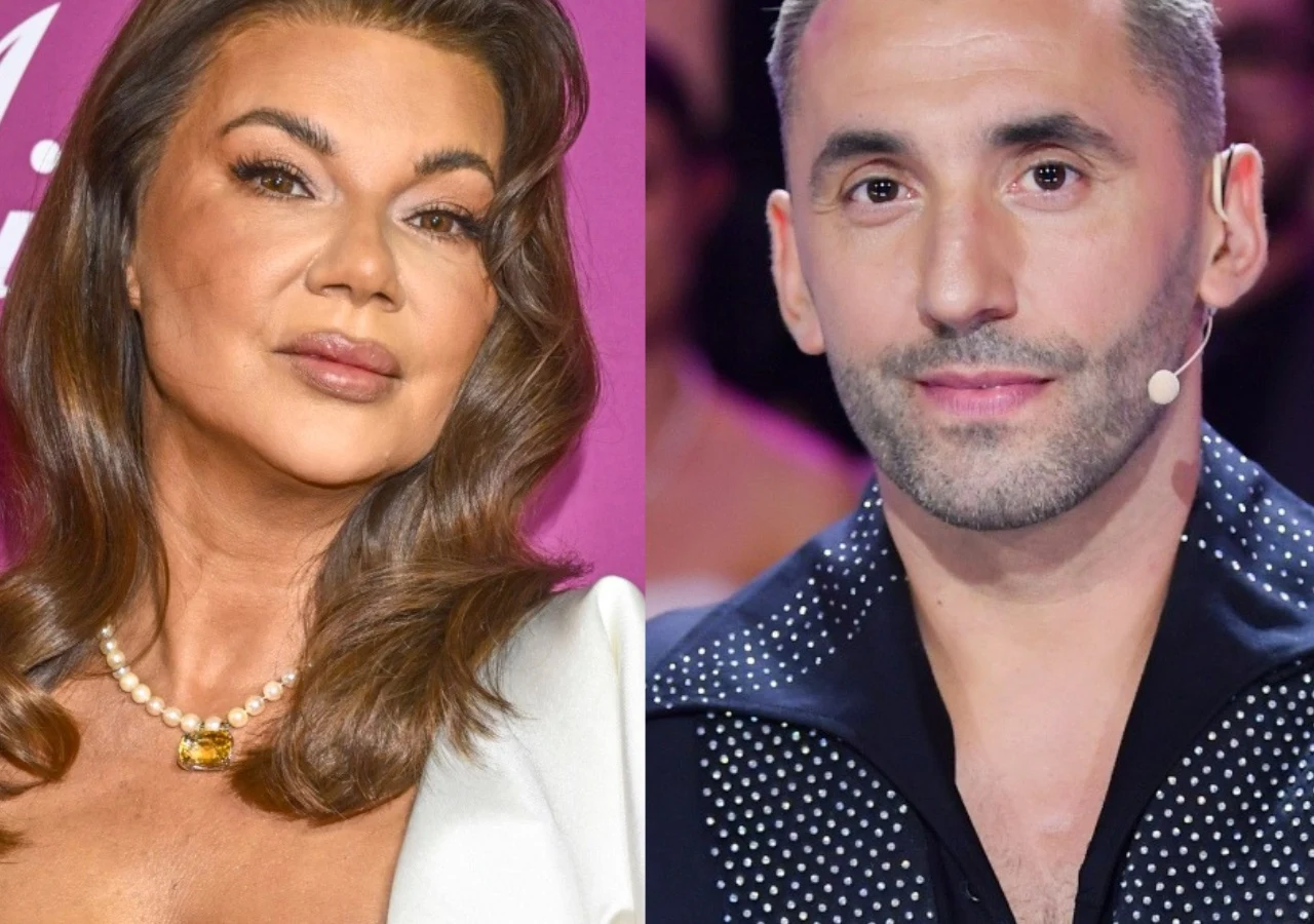 Edyta Górniak, Rafał Maserak Edyta Górniak w eleganckiej kreacji oraz Rafał Maserak z mikrofonem.