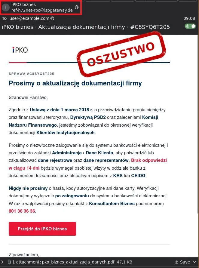 CERT Polska pokazuje jak wygląda mail od oszustów. Fałszywy e-mail podszywający się pod iPKO Biznes z prośbą o aktualizację dokumentacji firmy, oznaczony dużym czerwonym napisem „OSZUSTWO”, zawierający groźbę zablokowania konta i podejrzany link do rzekomego logowania.