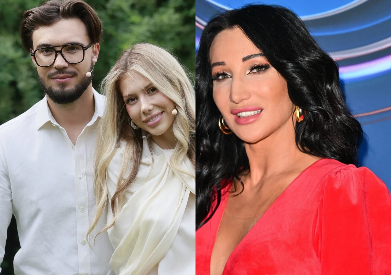 Leon Myszkowski, Ksenia Ngo i Justyna Steczkowska Leon Myszkowski i jego narzeczona Ksenia Ngo - oboje w białych koszulach, oraz Justyna Steczkowska w czerwonej sukni