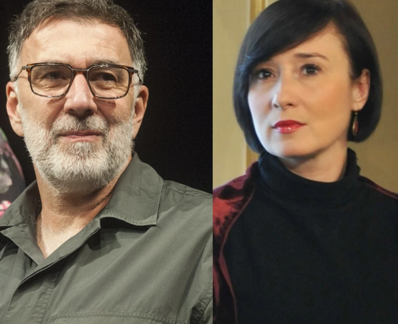 Radosław Krzyżowski, Dominika Bednarczyk Starszy mężczyzna z brodą i okularkami w szarej koszuli oraz kobieta z ciemnymi, krótkimi włosami w czarnej bluzce z bordową narzutką, ukazani na podzielonym ekranie.