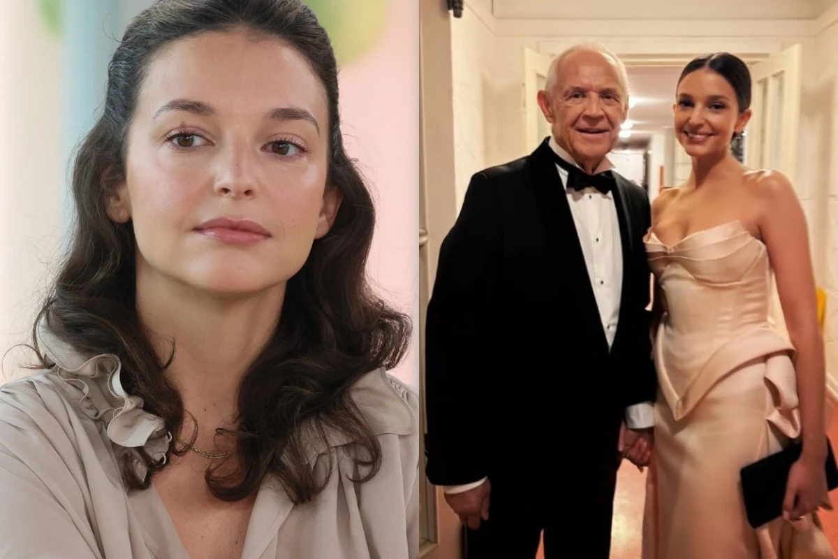 Maria Dębska pokazała na Instagramie zdjęcie z Markiem Kondratem Ujęcie po lewej stronie ukazuje zbliżenie kobiety o długich, ciemnobrązowych włosach i naturalnym makijażu, natomiast po prawej elegancki mężczyzna w smokingu i młoda kobieta w jasnej sukni wieczorowej stoją razem na korytarzu.