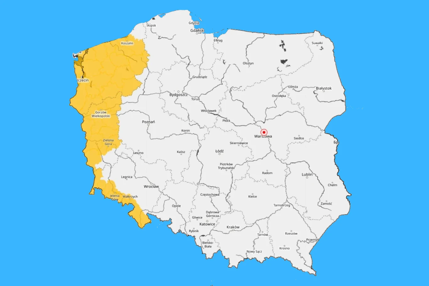 Mapka Polski z wyraźnie zaznaczonym na żółto zachodnim regionem kraju obejmującym województwa lubuskie i zachodniopomorskie, na tle jednolitego niebieskiego koloru.