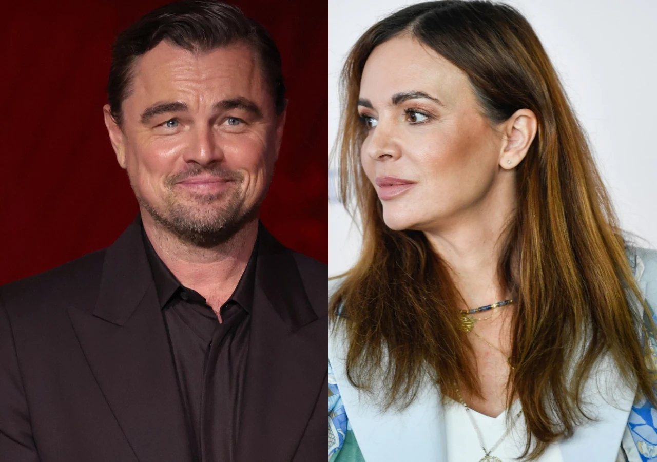 Leonardo DiCaprio i Anna Wendzikowska Aktor Leonardo DiCaprio w czarnym garniturze i dziennikarka Anna Wendzikowska w niebieskiej bluzce