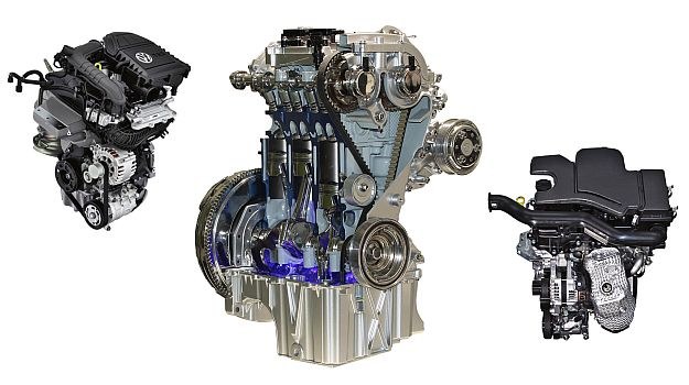 1.0 EcoBoost Forda (pośrodku) to jeden z najbardziej udanych silników 3-cylindrowych. Z lewej - 1.0 MPI/TSI grupy VW, z prawej - 1.0 VVT-i Toyoty - oba również godne polecenia. /Motor