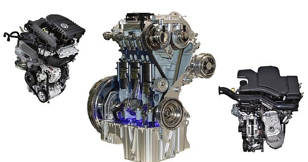 1.0 EcoBoost Forda (pośrodku) to jeden z najbardziej udanych silników 3-cylindrowych. Z lewej - 1.0 MPI/TSI grupy VW, z prawej - 1.0 VVT-i Toyoty - oba również godne polecenia. /Motor