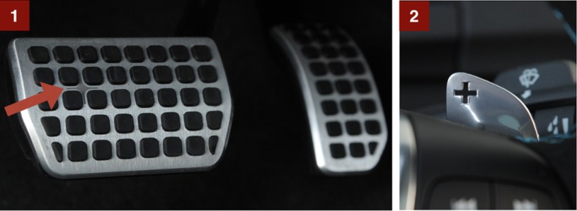 [1] Dla spostrzegawczych – na pedałach też jest logo Polestar (4-ramienna gwiazdka). [2] Efektowne łopatki z aluminium mają wycięte symbole i są gumowane od spodu, żeby nie ślizgały się po nich palce kierowcy. /Motor