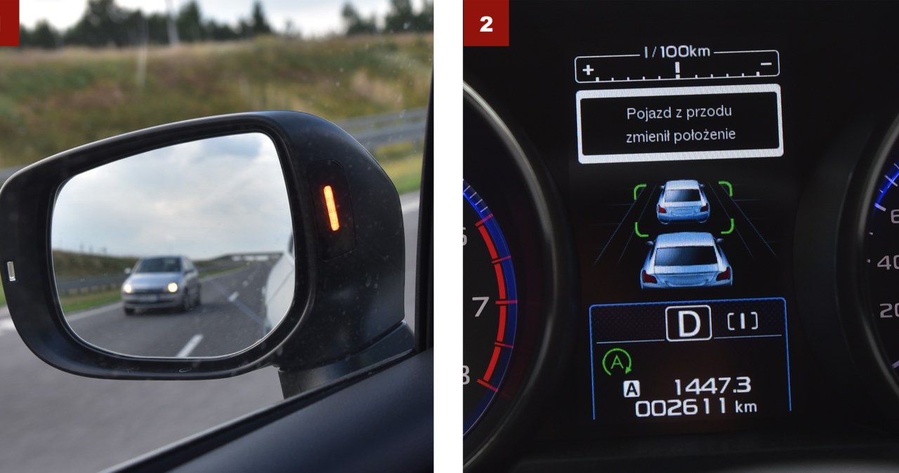 [1] Duża pomarańczowa dioda ostrzega o autach nadjeżdżających z tyłu. [2] Po zatrzymaniu w korku adaptacyjny tempomat informuje kierowcę, gdy samochód stojący z przodu ruszy. /Motor