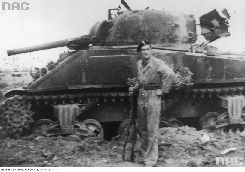 1 Dywizja Pancerna w bitwie pod Falaise. Żołnierz obok zniszczonego kanadyjskiego Shermana /Z archiwum Narodowego Archiwum Cyfrowego