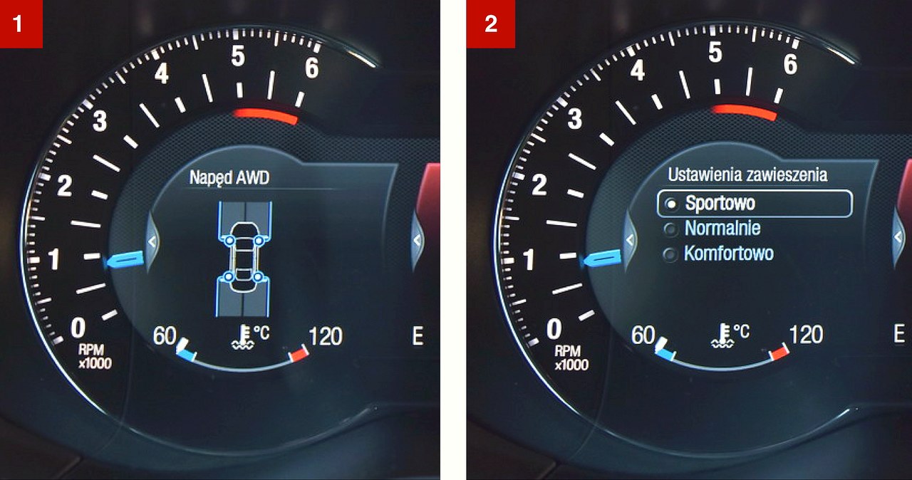 [1] Ekran pokazuje rozkład momentu pomiędzy osiami. [2] Wybór trybów jazdy – tylko poprzez komputer pokładowy. /Motor