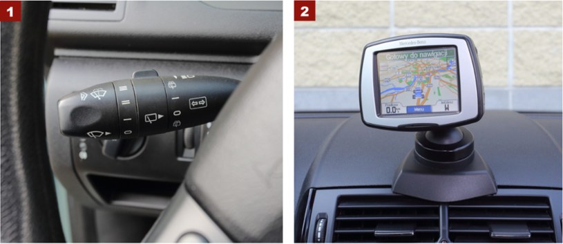 [1] Jedna dźwignia obsługuje migacze, wycieraczki i spryskiwacze. [2] Zewnętrzna nawigacja Mercedesa ma Bluetooth i czyta MP3. /Motor