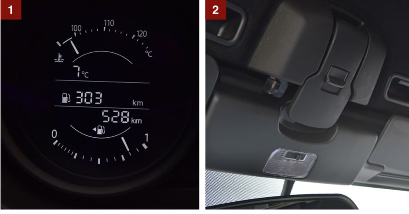 [1] Lewy wskaźnik wśród zegarów to niewielki ekran. Pokazuje m.in. ilość paliwa i zasięg. [2] Aby otworzyć dach, wystarczy tylko odryglować tę dźwignię i pchnąć go do tyłu. /Motor