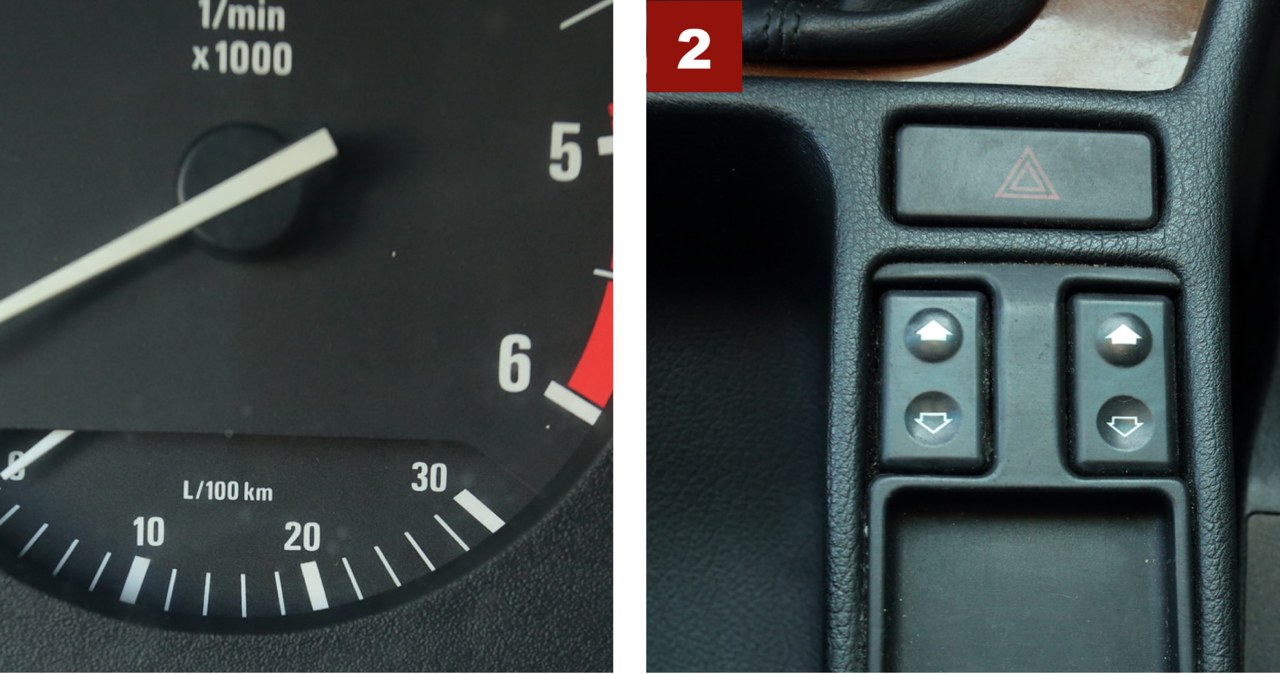 [1] Mechaniczny „ekonomizer” pokazuje chwilowe zużycie paliwa. [2] Przełączniki szyb pośrodku: tradycja BMW przez wiele lat. /Motor