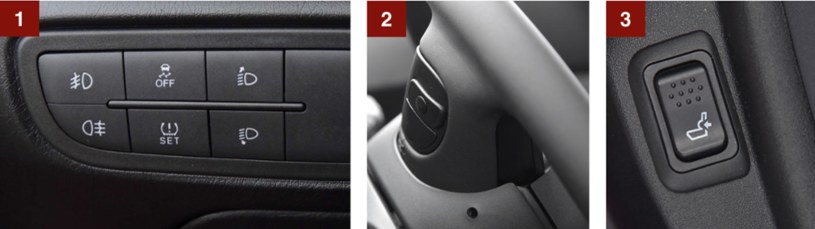 [1] Panelem po lewej stronie kierownicy obsługuje się światła, ESC i czujnik ciśnienia w oponach. [2] Wygodne – do zmiany stacji lub utworu oraz regulacji głośności służą przyciski na przedniej części ramion kierownicy. [3] Regulacja podpórki lędźwiowej w zestawie z tylnym podłokietnikiem kosztuje dodatkowo 1000 zł. /Motor