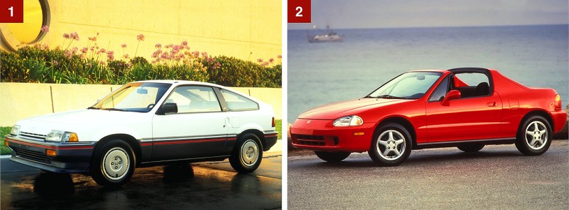 [1] Pierwsza generacja, znana także jako Honda Civic CRX i Honda CRX Ballade. [2] Kolejna generacja to 2-miejscowy Civic Del Sol (1992 r.). Był rynkową porażką. /Honda