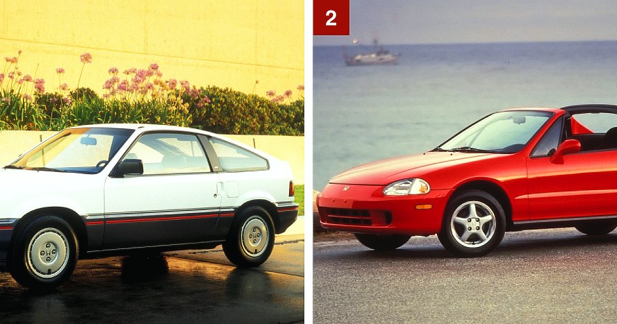 [1] Pierwsza generacja, znana także jako Honda Civic CRX i Honda CRX Ballade. [2] Kolejna generacja to 2-miejscowy Civic Del Sol (1992 r.). Był rynkową porażką. /Honda