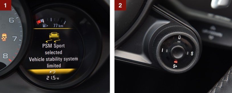 [1] Podobnie jak w odnowionych 911, także 718 ma sportowy tryb pracy układu ESP. [2] Nowość – pokrętło wyboru trybów jazdy. Przyciskiem poprawia się reakcje silnika. /Motor