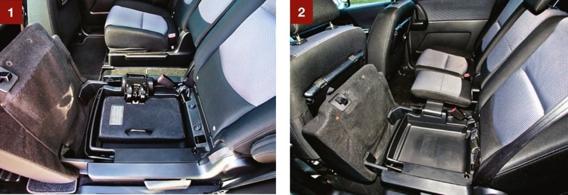[1] Poduszka środkowego fotela schowana w "kuwetę" pod lewym siedziskiem. [2] Wersja siedmioosobowa - środkowe miejsce jest wyraźnie węższe niż inne. /Motor