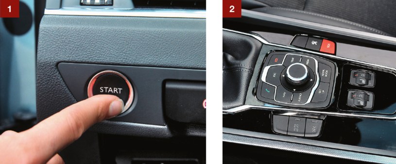 [1] Przycisk uruchamiania silnika jest po lewej stronie kokpitu. [2] Do sterowania multimediami służą pokrętło i przyciski. /Motor