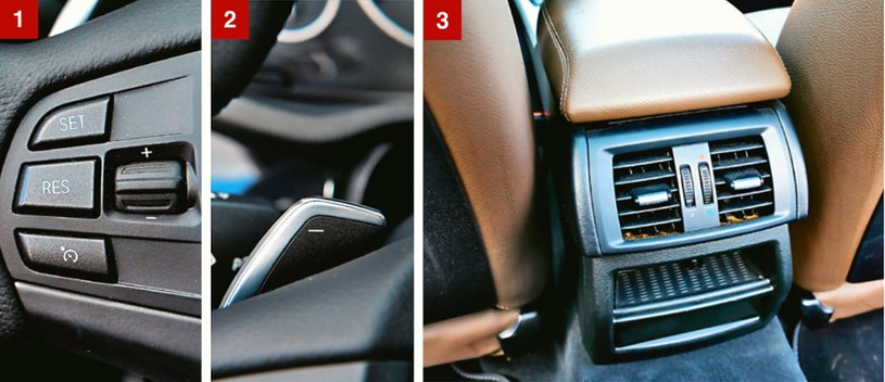 [1] Przyciski na kierownicy po lewej stronie obsługują tempomat. [2] Skrzynię automatyczną wyposażono w manetki. [3] Pasażerowie z tyłu mogą tylko otworzyć lub zamknąć nawiew, temperatury nie zmienią. /Motor