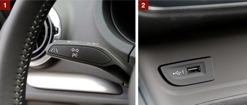 [1] Przyciskiem na dźwigience kierunkowskazów uruchamia się asystenta pasa ruchu. [2] Nowość – jedno z dwóch wejść USB (opcja) umieszczone u dołu konsoli środkowej. /Motor