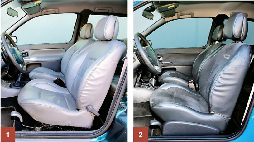 [1] RENAULT CLIO SPORT II Wielkie, skórzane fotele – raczej jak z limuzyny niż z samochodu sportowego. [2] RENAULT CLIO SPORT II FL Zmieniono trochę sposób regulacji oparcia. Wygoda pozostała bez zmian. /Motor
