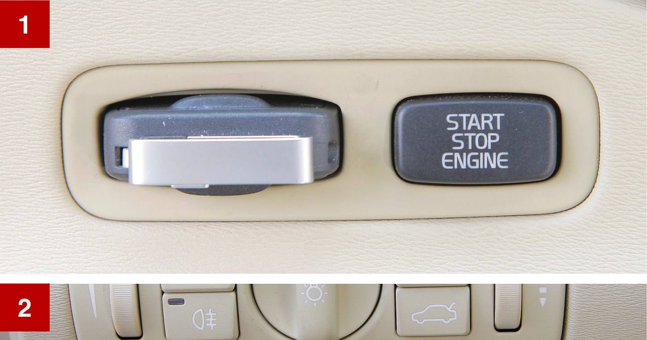[1] Seryjne w Volvo S80: kluczyk umieszcza się w porcie, a silnik uruchamiany jest przyciskiem. [2] Elektryczny hamulec pomocniczy – to słaby punkt S80. /Motor