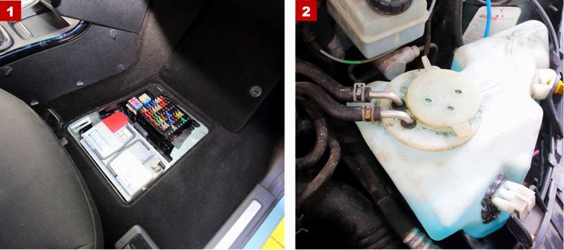 [1] Skrzynkę bezpieczników i akumulator ukryto pod podłogą. [2] Zbiorniczek spryskiwaczy jest podgrzewany cieczą chłodzącą. /Motor