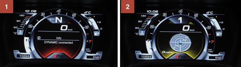 1. Tryb „Dynamic” wyróżnia się czerwonym podświetleniem. Ekran jest bardzo czytelny. 2. W „Race” podświetlenie zmienia się na żółte i pojawia się wskaźnik chwilowych przeciążeń. /Motor