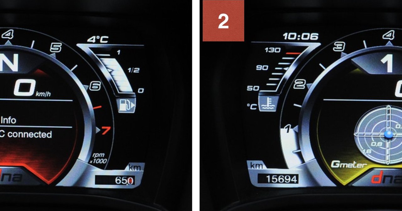 1. Tryb „Dynamic” wyróżnia się czerwonym podświetleniem. Ekran jest bardzo czytelny. 2. W „Race” podświetlenie zmienia się na żółte i pojawia się wskaźnik chwilowych przeciążeń. /Motor