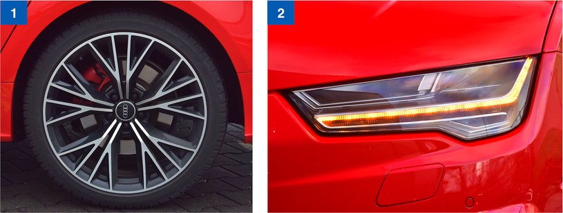 [1] Wszystkie cztery tarcze hamulcowe mają średnicę aż 17 cali. Czerwone zaciski wyróżniają odmianę competition spośród pozostałych Audi. [2] Aktywne reflektory LED Matrix-Beam wymagają dopłaty 4610 zł. Ale zdecydowanie są tego warte! /Motor