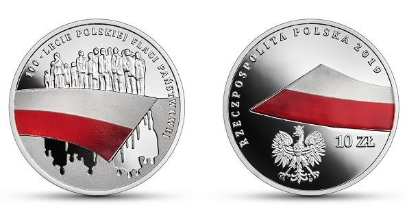 100-lecie polskiej flagi państwowej, 10 zł, rewers (L) i awers (P) /NBP