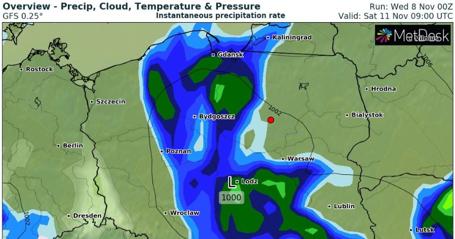 11 listopada w niemal całym kraju będzie pochmurnie i deszczowo. Przejaśnienia możliwe będą na zachodzie /wxcharts /