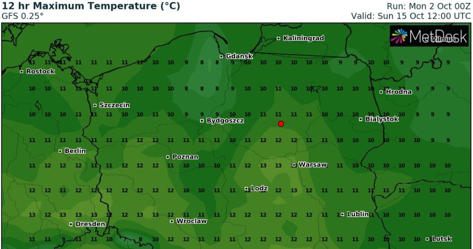 15 października najcieplej będzie w centrum oraz na południu kraju: około 14 st. C /wxcharts /