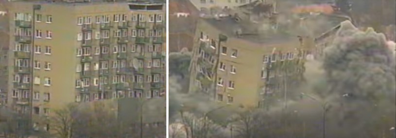 18 kwietnia 1995 roku, tuż przed 13:00 wyburzono wieżowiec, który dzień wcześniej uległ nieodwracalnej destrukcji /YouTube