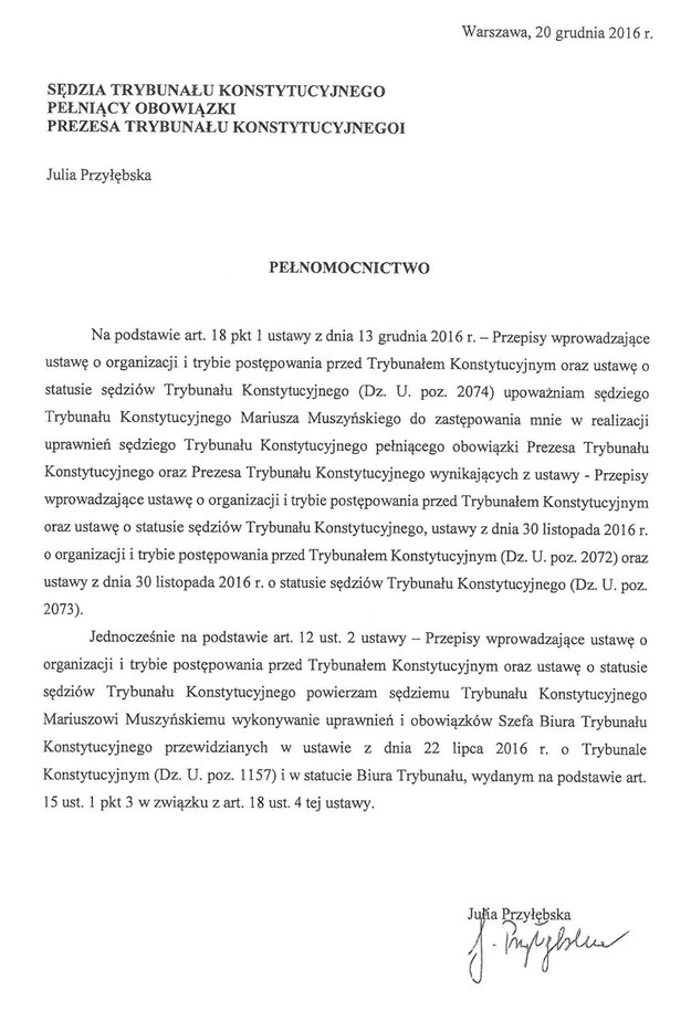 20 grudnia sędzia Julia Przyłębska upoważniła Mariusza Muszyńskiego do zastępowania jej w roli prezesa TK /Zrzut ekranu