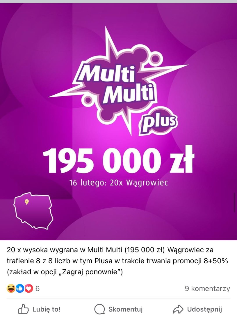 20 wygranych po 195 tys. zł w Wągrowcu. Źródło: Facebook /
