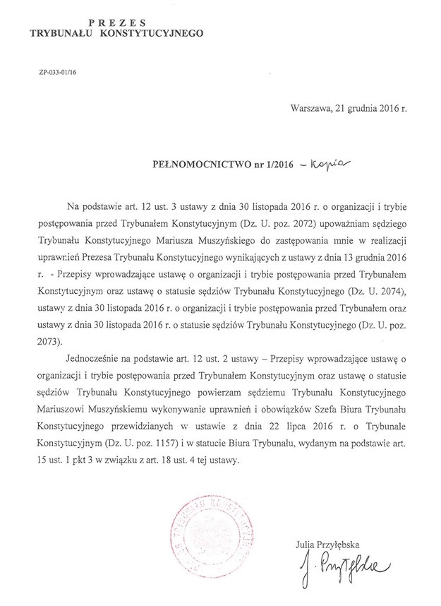 21 grudnia Julia Przyłębska upoważniła Mariusza Muszyńskiego do zastępowania jej w roli prezesa TK /Zrzut ekranu