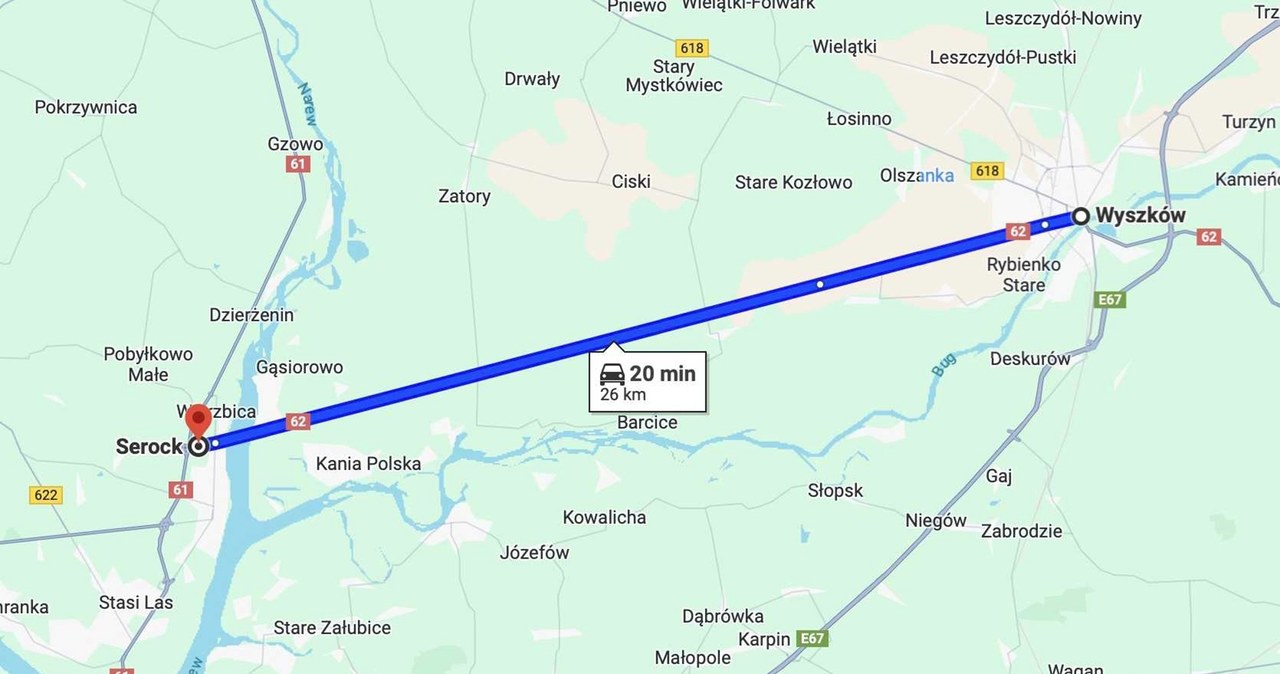 26 km bez zakrętów z Serocka do Wyszkowa / fot. Mapy Google /