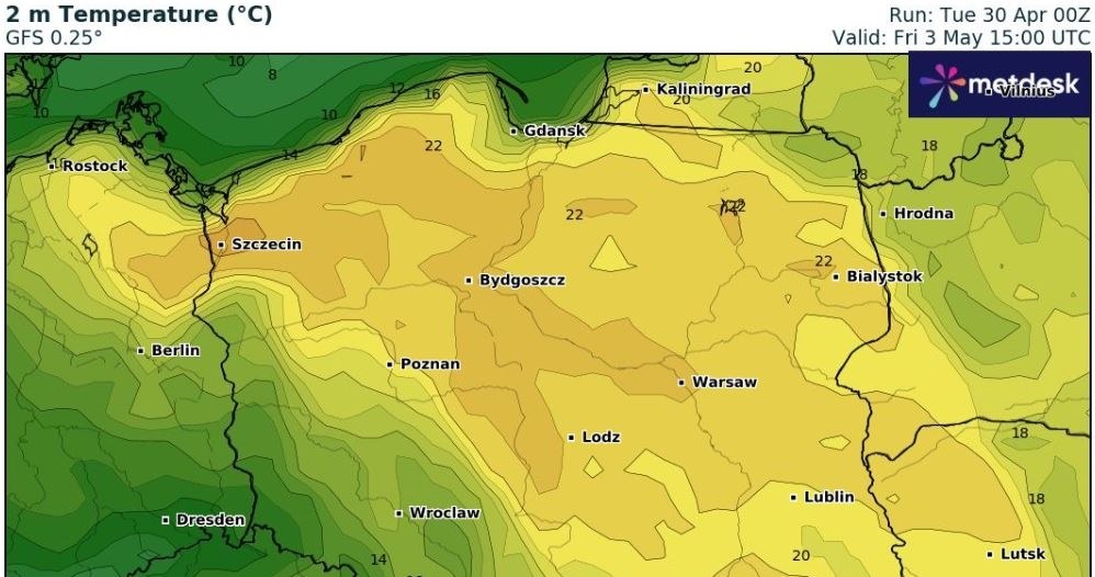 3 maja dalej będzie ciepło, jednak możliwe będą alerty IMGW dotyczące burz. Te zjawiska mogą się pojawić na zachodzie /wxcharts /