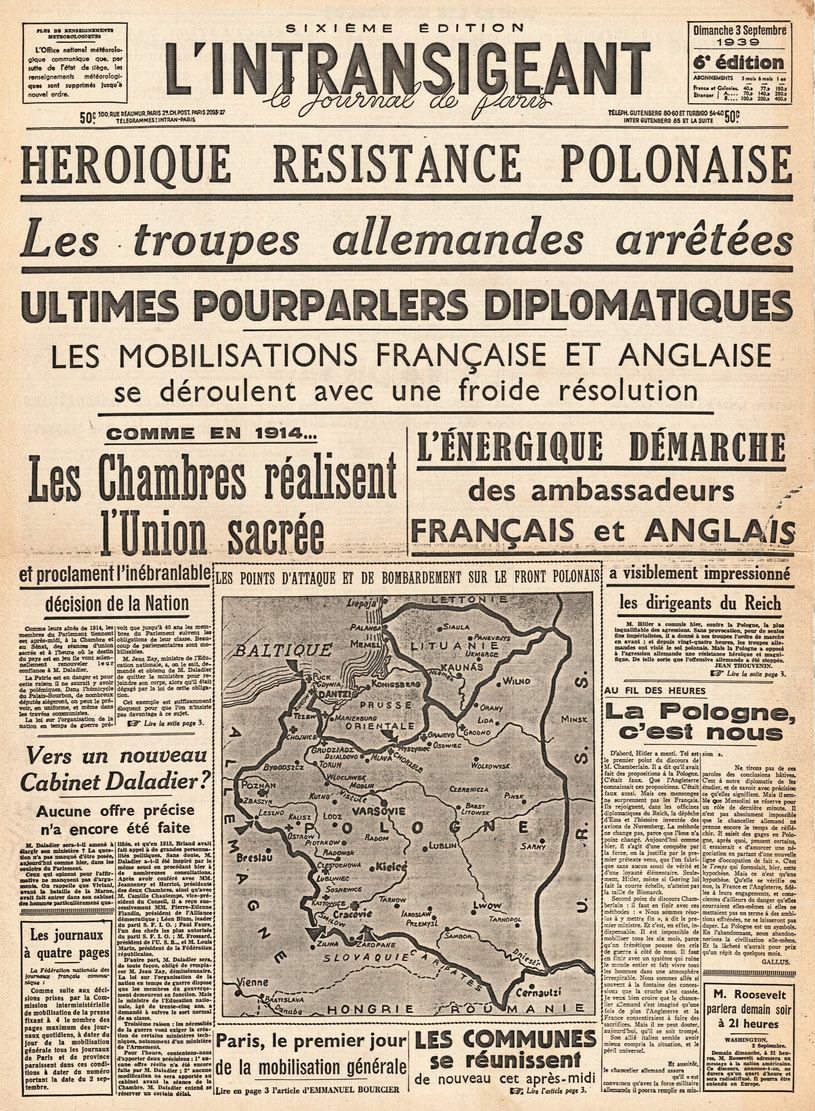 3 września 1939 roku francuska prasa donosiła, że Polska stawia heroiczny opór /John Frost Newspapers /East News