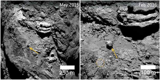 30-metrowy głaz ważący 12800 ton, przesunął się o blisko 150 metrów. Zdjęcia z 2 maja 2015 roku (po lewej) i 7 lutego 2016 roku. /ESA/Rosetta/MPS for OSIRIS Team MPS/UPD/LAM/IAA/SSO/INTA/UPM/DASP/IDA /materiały prasowe