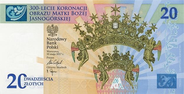 "300-lecie koronacji Obrazu Matki Bożej Jasnogórskiej" na nowym banknocie (przednia strona) /NBP