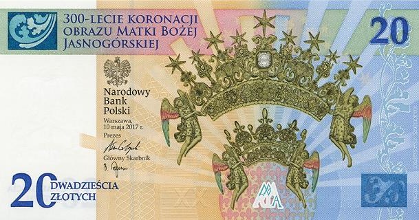 "300-lecie koronacji Obrazu Matki Bożej Jasnogórskiej" na nowym banknocie (przednia strona) /NBP