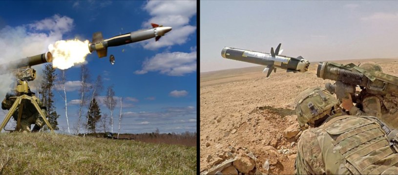 9M133 Kornet (z lewej) to rosyjski pocisk kierowany, który może atakować cele na odległość 5,5 kilometra. Obsługiwany jest za pomocą specjalnej wyrzutni przez dwie osoby. FGM-148 Javelin (z prawej) jest natomiast znacznie lżejszy, mogąc być używanym tylko przez jedną osobę. Ma przy tym jednak mniejszy zasięg od Korneta (2,5 kilometra). Javelin wygrywa jednak masą ładunku wybuchowego (8,4 kilograma do 4,6) co pozwala na silniejsze uderzenie