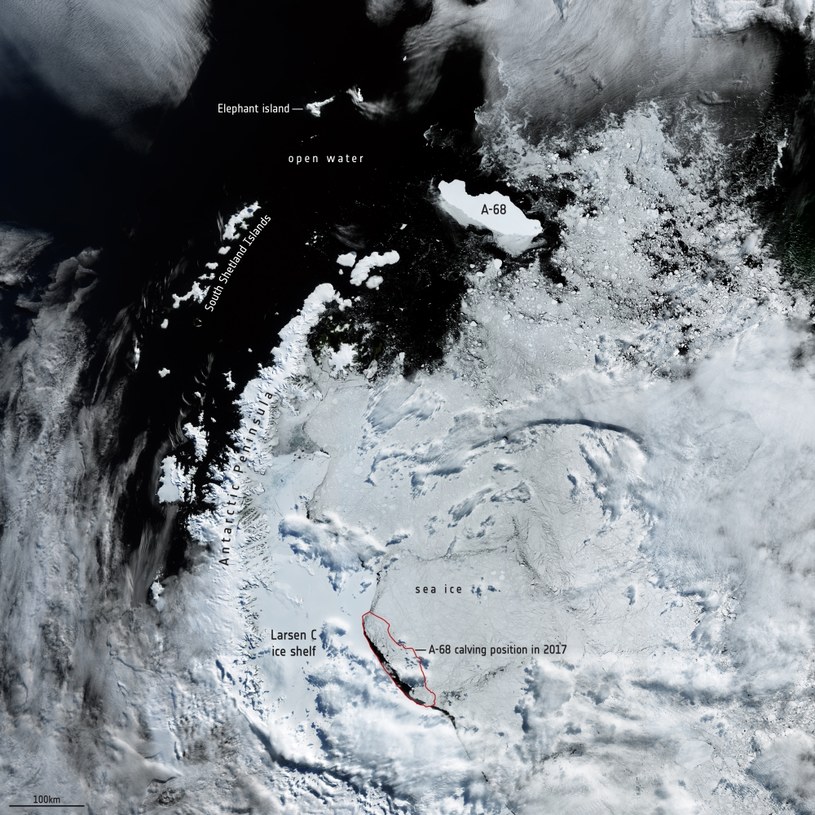 A-68 pokonała wiele kilometrów od lodowca szelfowego aż po okolice Georgii Południowej /Gallo Images/Orbital Horizon/Copernicus Sentinel Data 2020 /domena publiczna