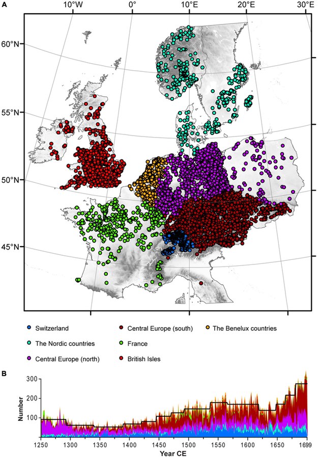 (A) Rozkład geograficzny 54045 próbek z lat 1250–1699. (B) Liczba próbek na rok w podziale na regiony /F. Ljungqvist, A. Seim, W. Tegel et al. /Materiały prasowe