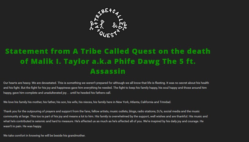 A Tribe Called Quest żegnają kolegę /Oficjalna strona zespołu