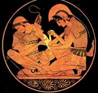 Achilles opatruje rany Patroklesa, malowidło wewnątrz wazy, ok. 500 r. p.n.e. /Encyklopedia Internautica